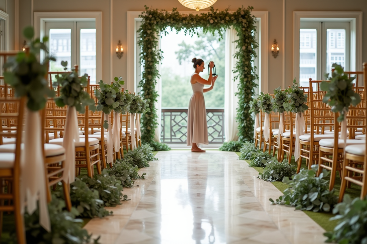 Allée de mariage intérieur avec chaises dorées et décorations