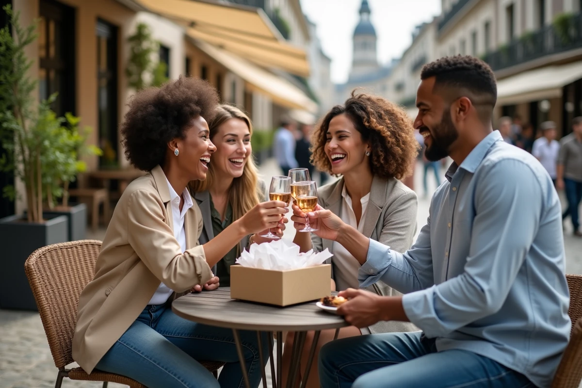 Groupe d'amis fêtant un PACS en terrasse de café avec toast et ouverture d'un cadeau emballé
