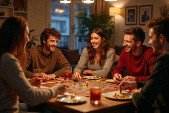 Groupe d'amis jouant à un jeu de société convivial