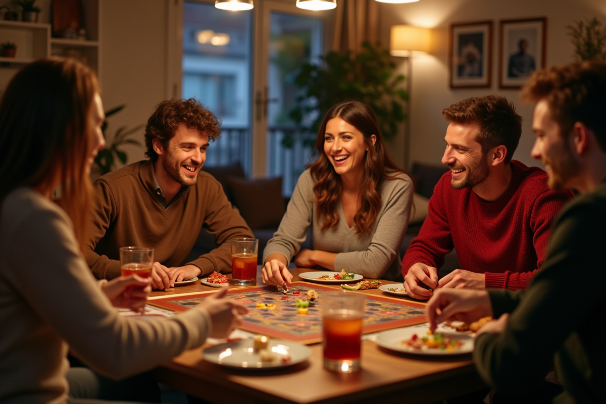Groupe d'amis jouant à un jeu de société convivial