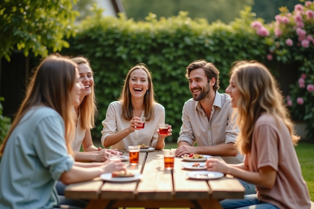 Amis jouant à un jeu dans un jardin en été