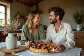 Couple fêtant leurs 2 ans de mariage autour d'une table rustique avec une tarte aux figues et des fleurs sauvages