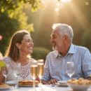 Couple heureux célébrant leur anniversaire dans un jardin ensoleille