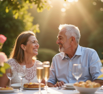 Couple heureux célébrant leur anniversaire dans un jardin ensoleille