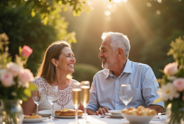 Couple heureux célébrant leur anniversaire dans un jardin ensoleille