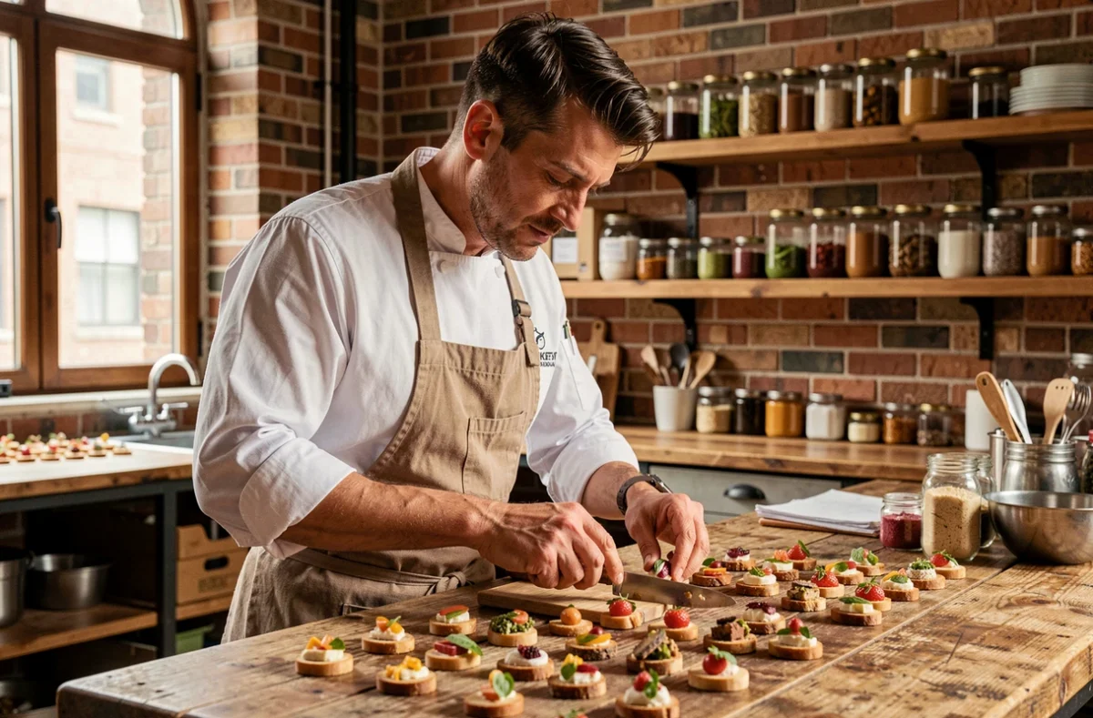 Chef de L'Atelier de Fred préparant des canapés artisanaux dans son atelier pour un mariage