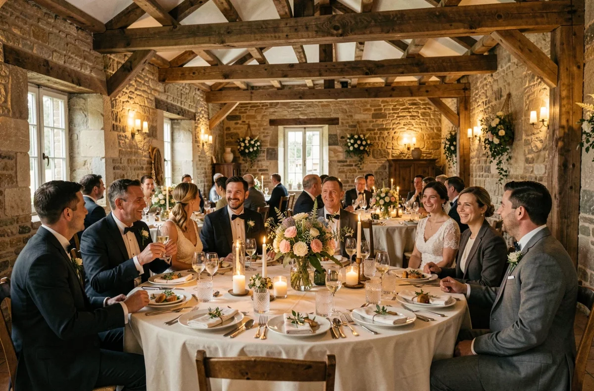 Salle de réception de l'Auberge de la Garenne décorée pour un mariage avec tables rondes et décor champêtre