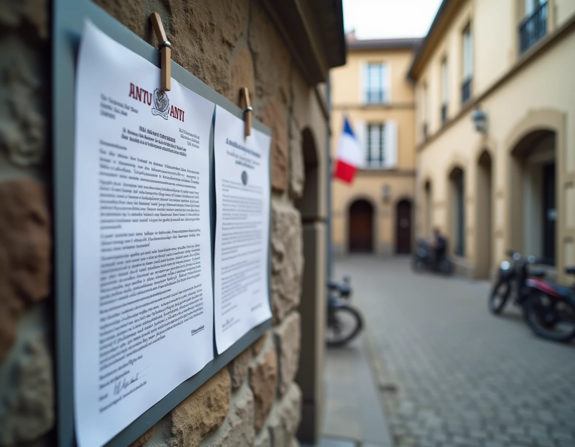 Gros plan sur un avis de publication de bans de mariage affiché sur le panneau extérieur d'une mairie française