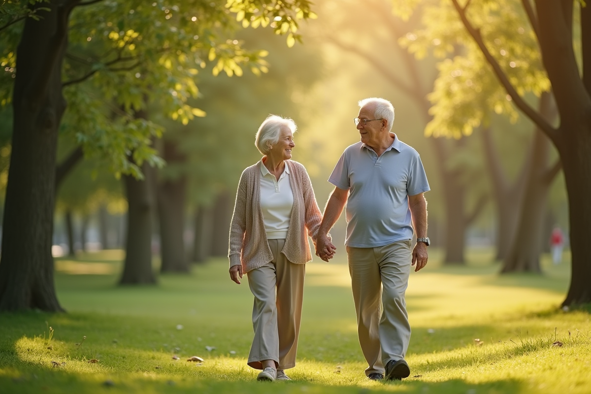 Vieux couple marchant main dans la main dans un parc ensoleille