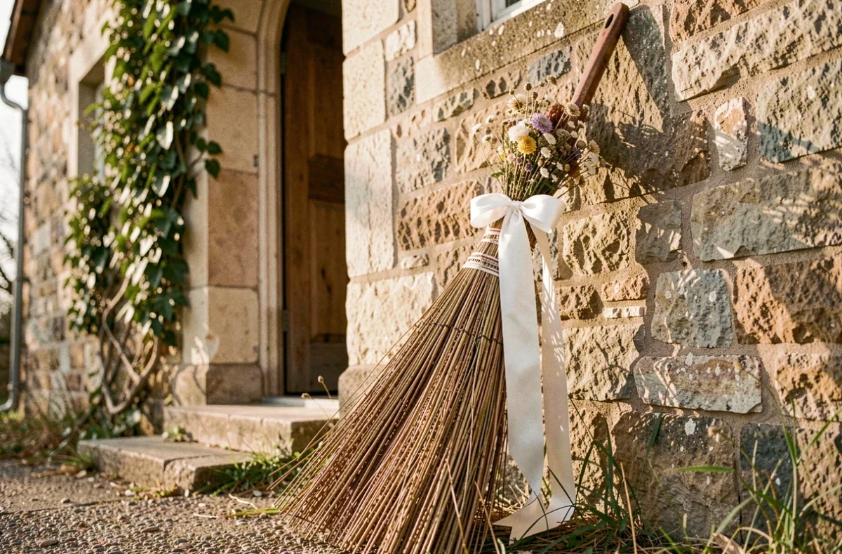 Balai décoré de rubans blancs et fleurs séchées appuyé contre l'entrée d'une chapelle en pierre pour un mariage traditionnel