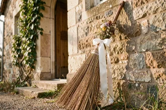 Balai décoré de rubans blancs et fleurs séchées appuyé contre l'entrée d'une chapelle en pierre pour un mariage traditionnel