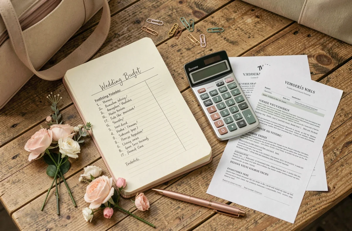 Vue aérienne d'un bureau de wedding planner avec carnet de budget manuscrit, devis fournisseurs et échantillons floraux pour un mariage chic