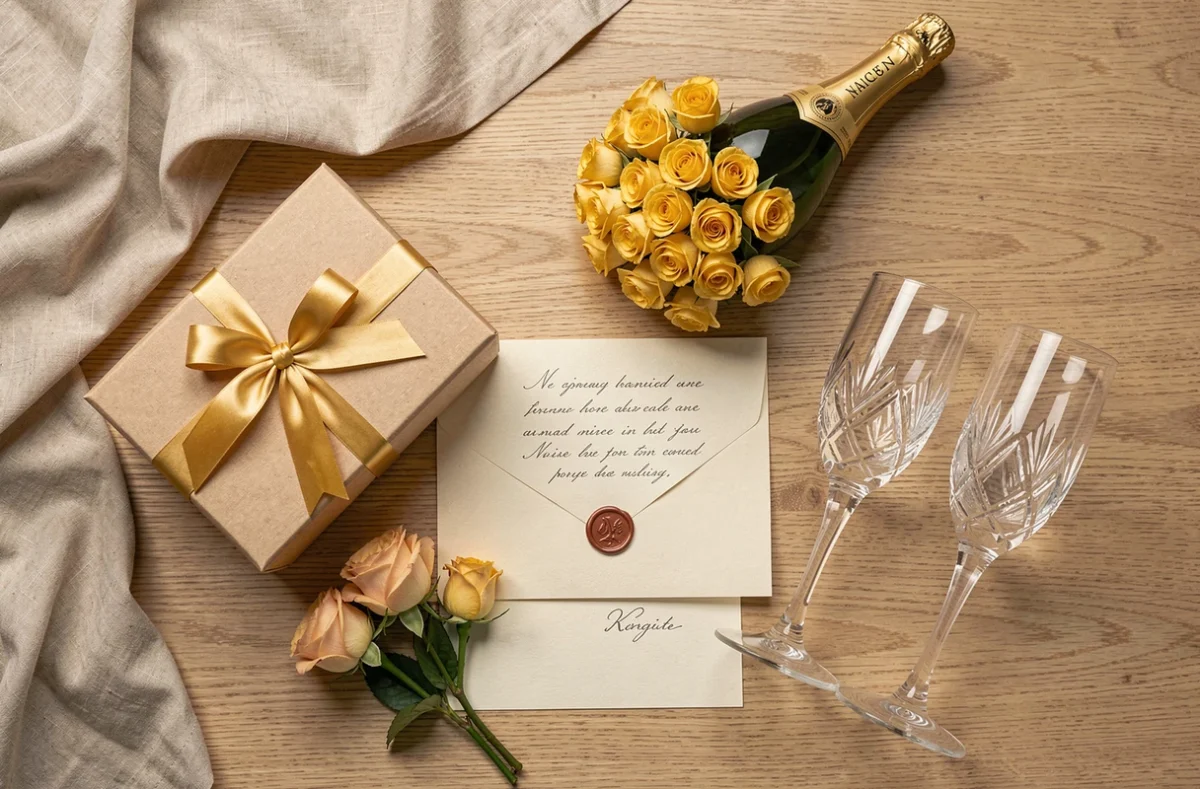 Disposition à plat de cadeaux symboliques pour noces d'or : coffret doré, lettre manuscrite, roses jaunes et flûtes à champagne en cristal