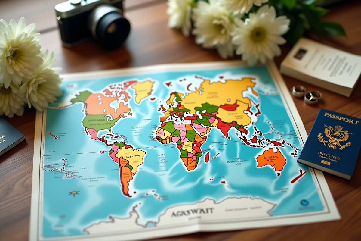 Carte du monde sur une table avec accessoires de voyage