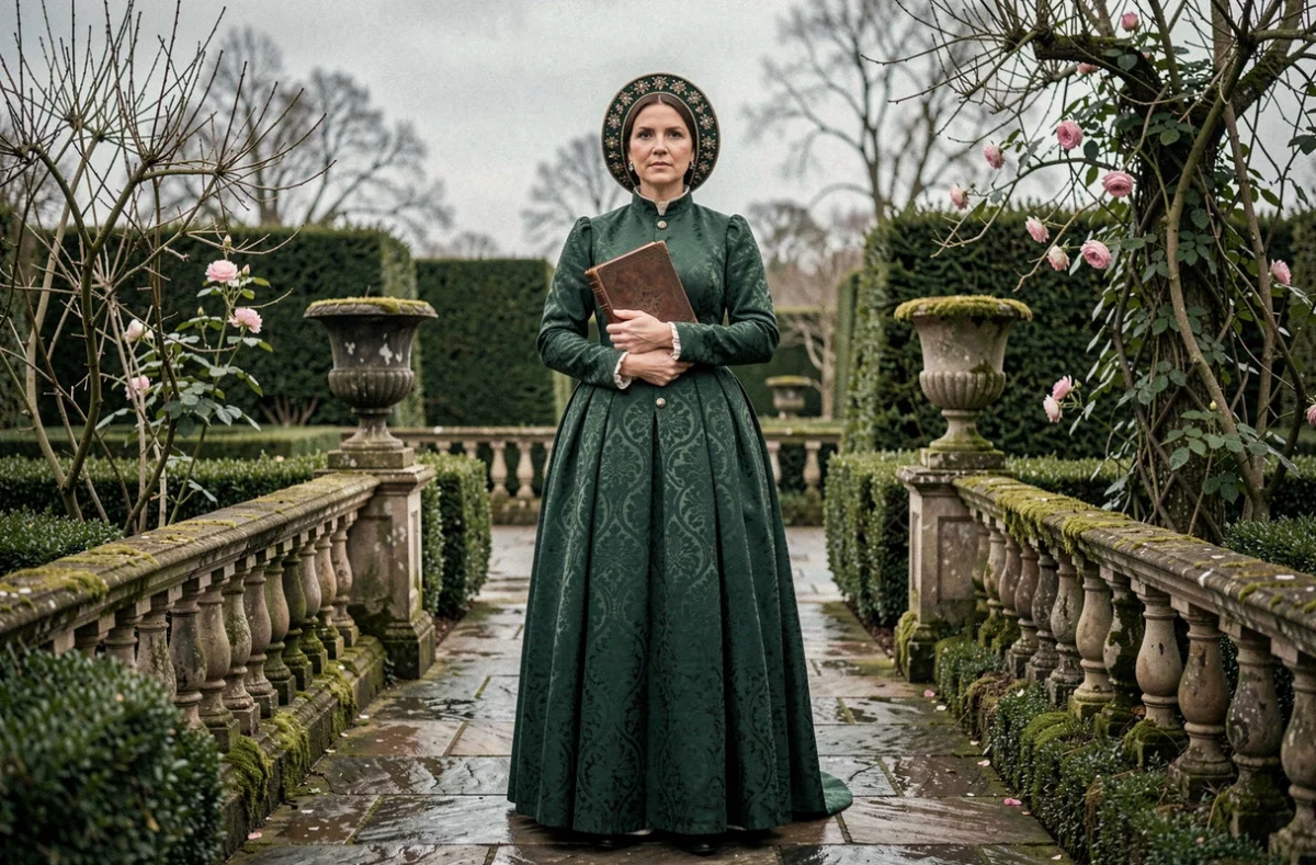 Femme en robe Tudor verte tenant un livre dans un jardin formel anglais du XVIe siècle, portrait symbolisant la survie et la résilience de Catherine Parr après le règne d'Henri VIII