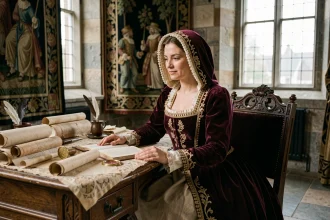 Portrait d'une femme en robe Tudor brodée d'or assise à un bureau en chêne dans une chambre de palais du XVIe siècle, illustrant Catherine Parr dernière épouse d'Henri VIII