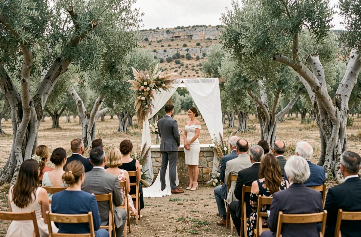 Cérémonie de mariage en plein air dans une oliveraie provençale près de Lançon-Provence