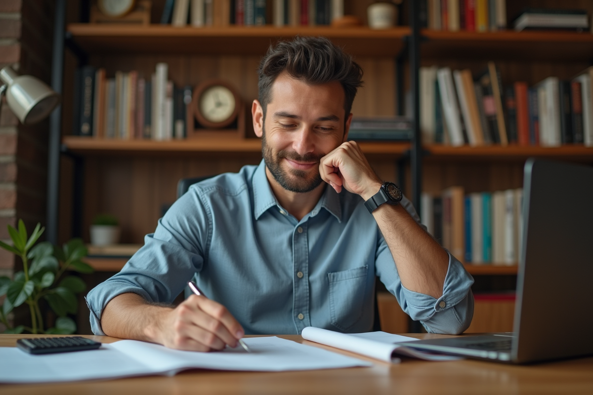 Chanteur en bureau à domicile examinant un contrat