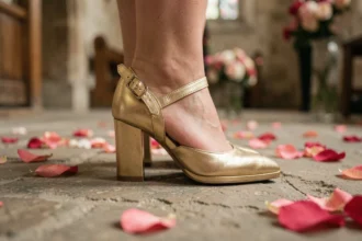 Chaussures mariage dorées à talon bloc portées sur un sol en pierre avec pétales de roses, vue rapprochée