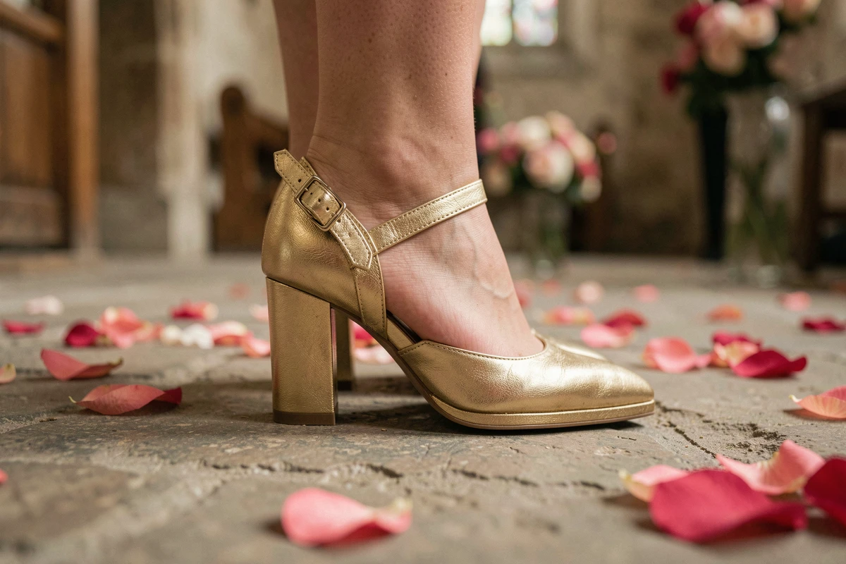 Chaussures mariage dorées à talon bloc portées sur un sol en pierre avec pétales de roses, vue rapprochée