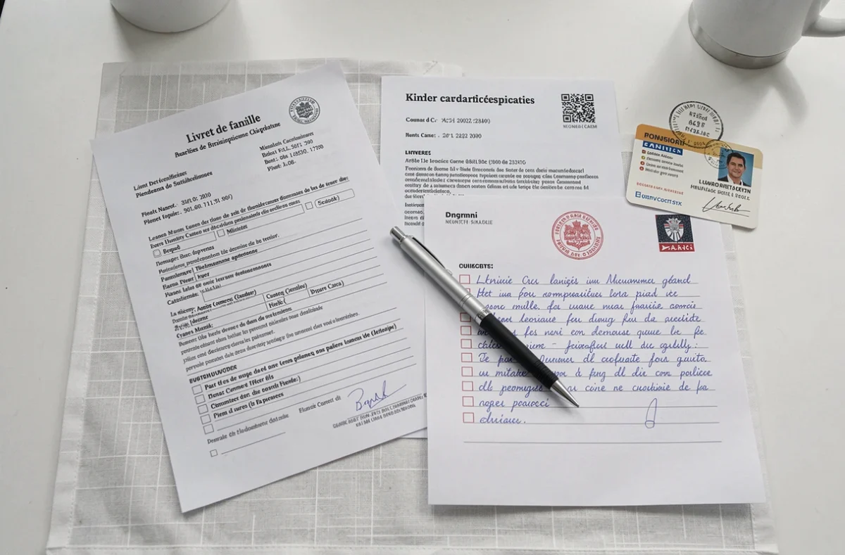 Vue de dessus des documents administratifs requis pour préparer un dossier de mariage en France