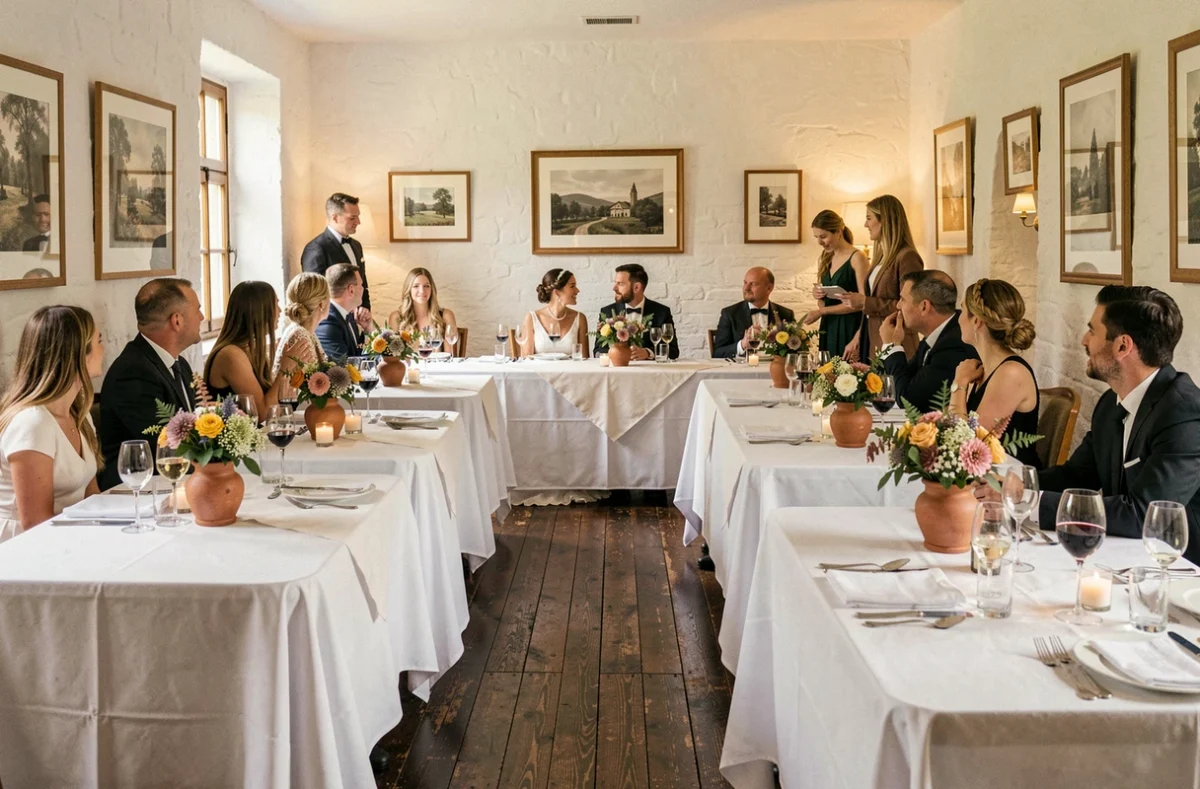Salle de réception intimiste du Clos Restaurant Traiteur décorée pour un mariage avec couple attablé