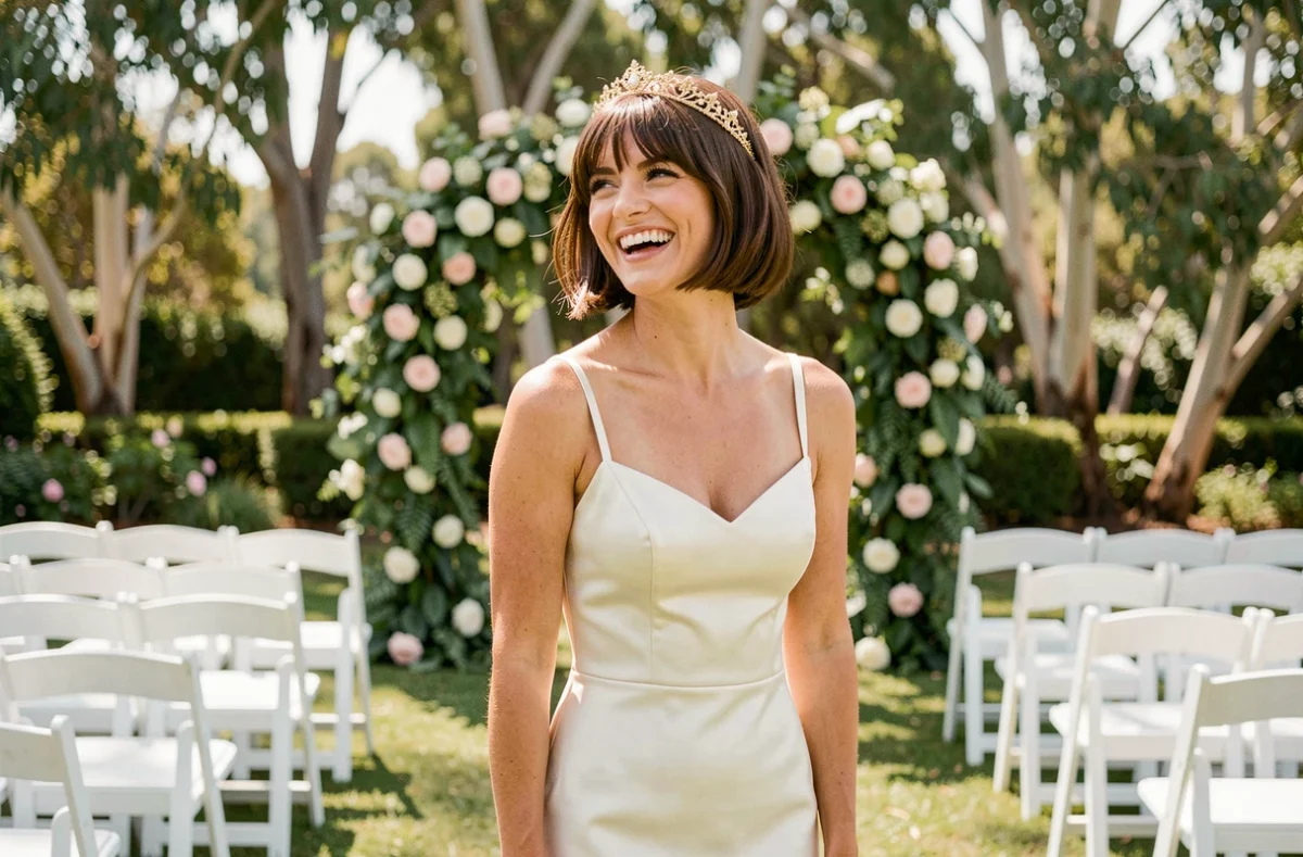 Femme avec un bob court et un diadème en filigrane doré en robe de mariée satinée dans un jardin de cérémonie fleuri