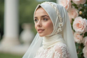 Mariée voilée avec hijab en soie ivoire intégrant une coiffure nattée élégante, portrait 3/4 dans un jardin fleuri pour mariage