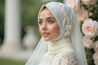 Mariée voilée avec hijab en soie ivoire intégrant une coiffure nattée élégante, portrait 3/4 dans un jardin fleuri pour mariage
