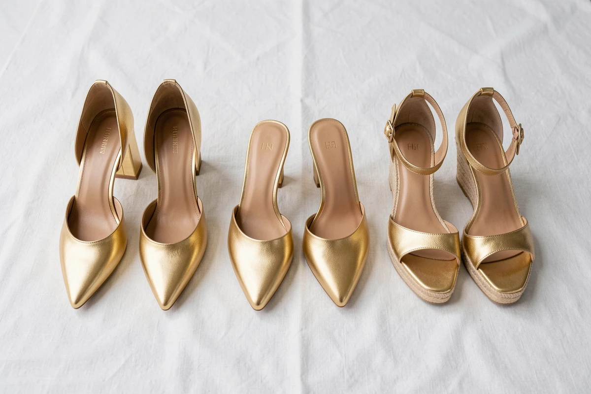 Comparaison de trois styles de chaussures de mariage dorées : talon bloc, kitten heel et compensée, posées sur du lin blanc