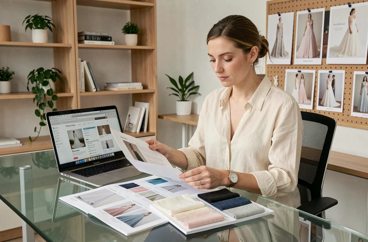 Femme comparant les prix de robes de mariée de créateur dans un bureau de conseil en mariage moderne avec catalogues et échantillons de tissus