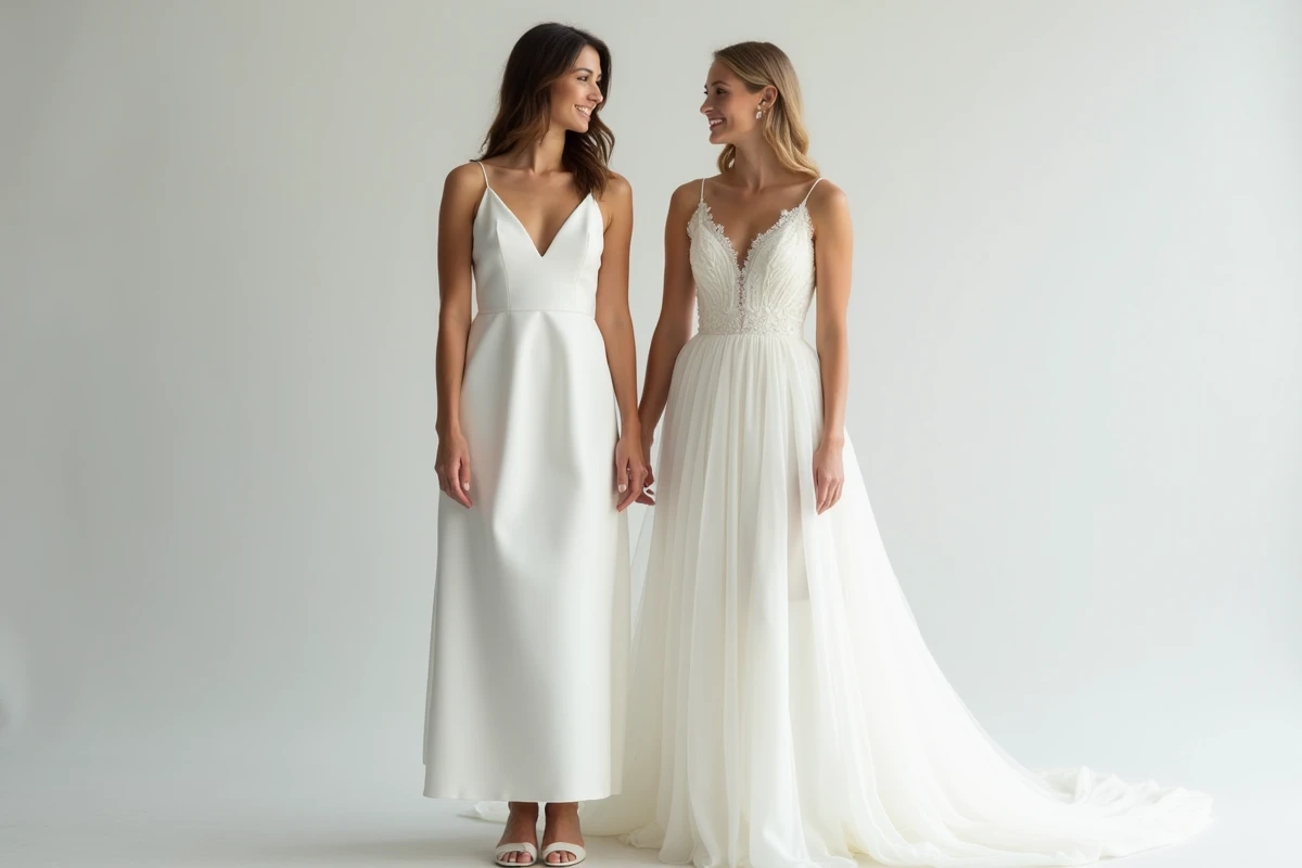 Comparaison de robe de mariée courte et longue portées par deux femmes dans un studio minimaliste