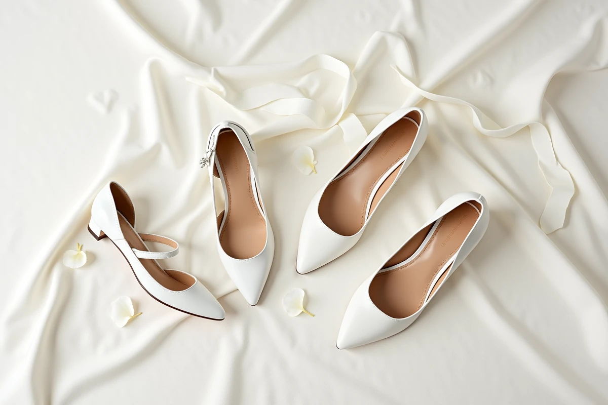 Comparatif de chaussures blanches de mariage : escarpin, sandale et ballerine sur lin ivoire