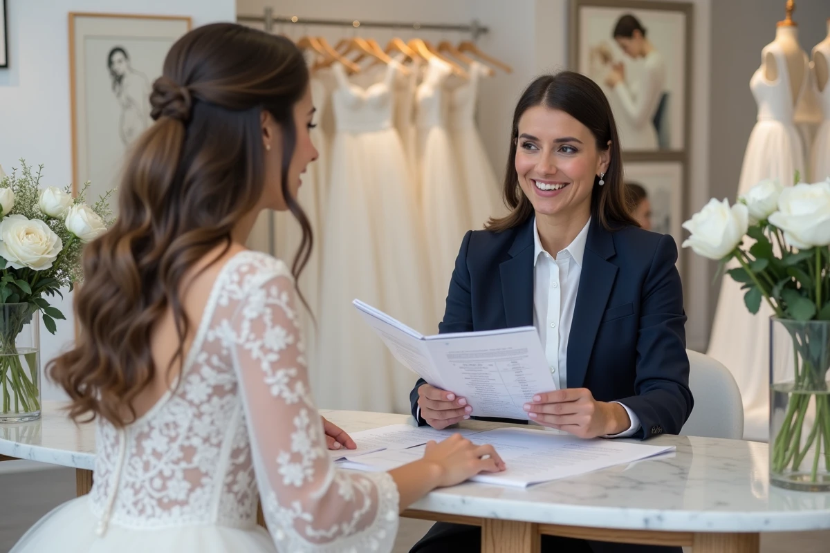 Consultante en boutique présentant un devis de robe de mariée à une future mariée