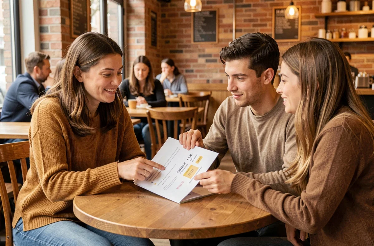 Consultation tarifaire entre une photographe professionnelle et des clients dans un café à Forbach