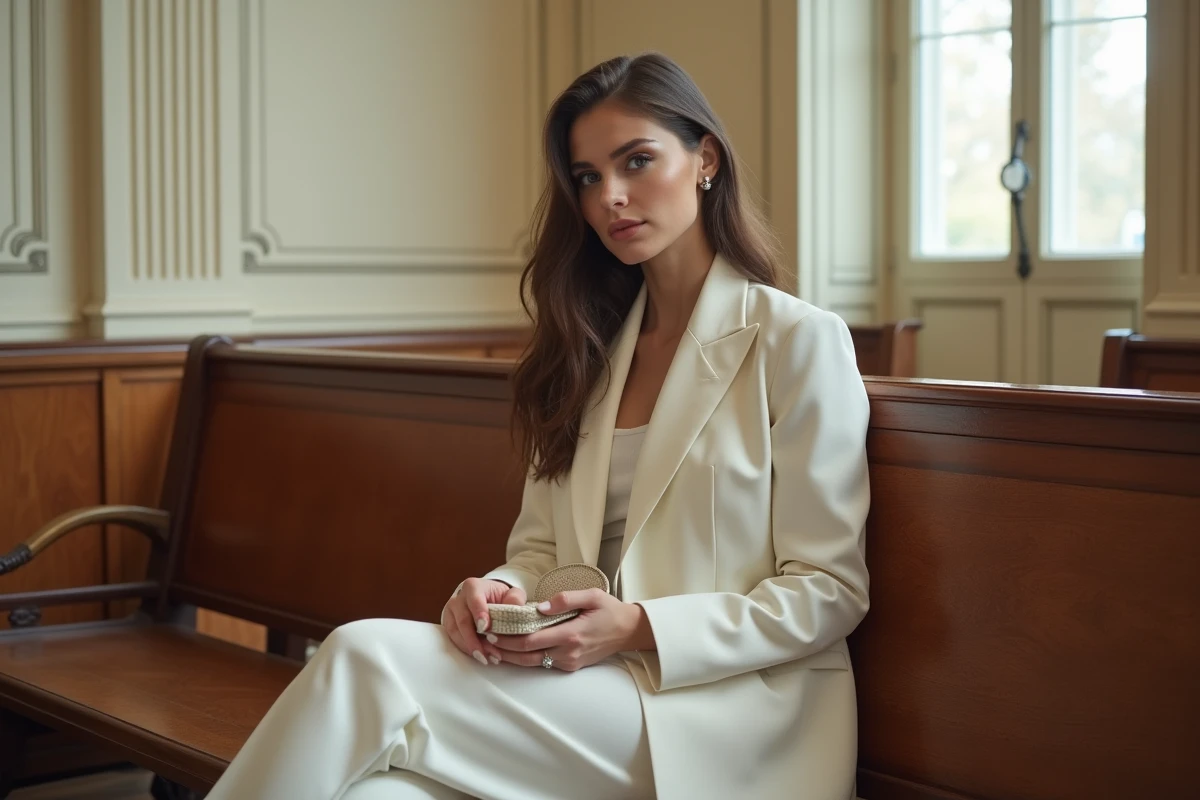 Jeune femme en costume pantalon blanc style tuxedo pour un mariage civil à Paris