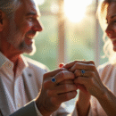 Couple mature échangeant des alliances en lumière naturelle