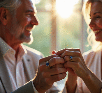 Couple mature échangeant des alliances en lumière naturelle