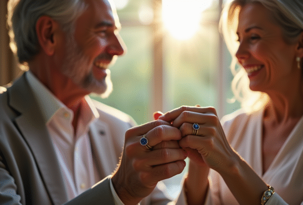 Couple mature échangeant des alliances en lumière naturelle
