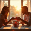 Couple assis à une table élégante pour un anniversaire