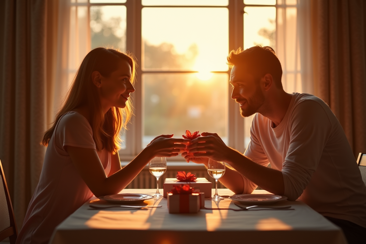 Couple assis à une table élégante pour un anniversaire