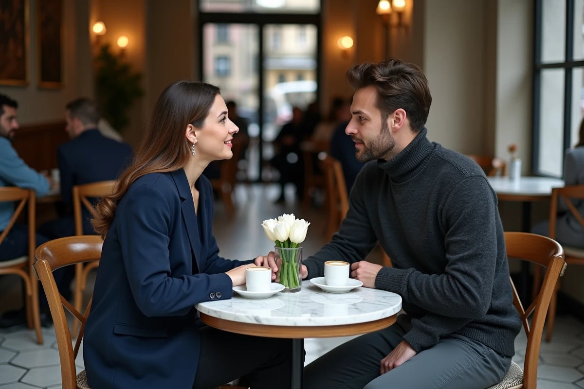 Couple célébrant leurs 2 ans de mariage autour d'un café dans un bistrot parisien élégant