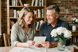 Couple d'âge mûr lisant un message d'anniversaire de mariage à la maison, assis à une table en bois rustique avec des fleurs blanches