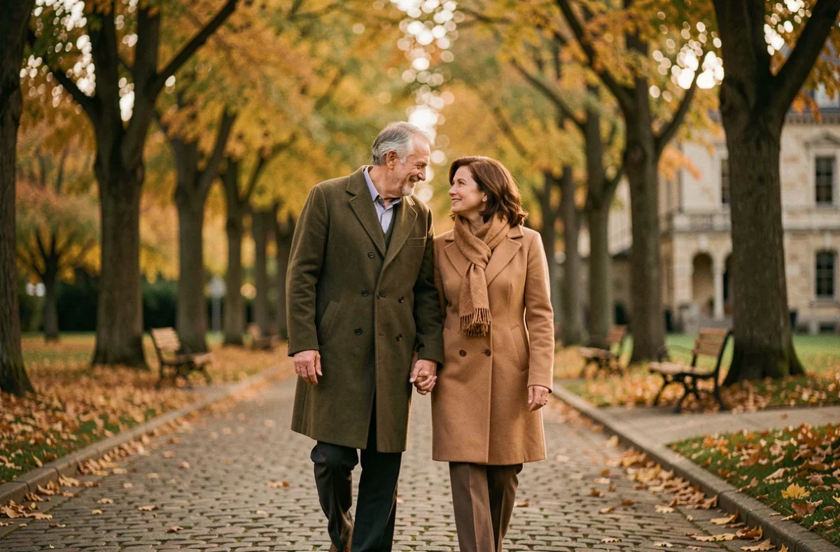 Couple de seniors marchant main dans la main dans un parc en automne, célébrant leur anniversaire de mariage en plein air