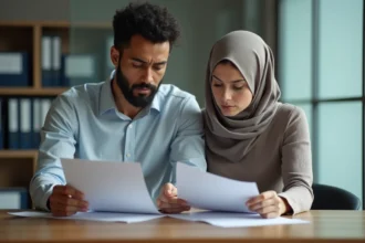 Jeune couple anxieux dans un bureau administratif français