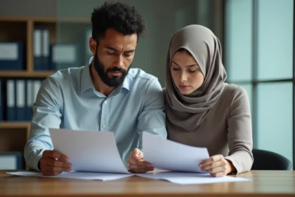 Jeune couple anxieux dans un bureau administratif français