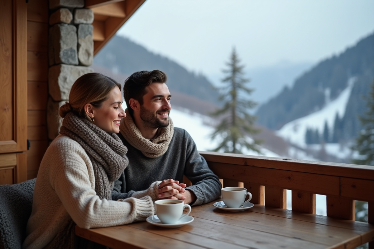 Jeune couple marié partageant café en montagne