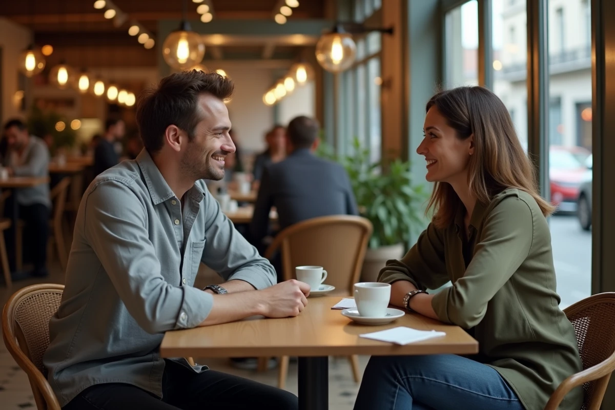Couple discutant dans un café parisien, conversation intime et détendue, style éditorial documentaire