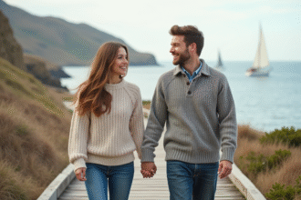 Jeune couple marchant main dans la main sur un sentier côtier