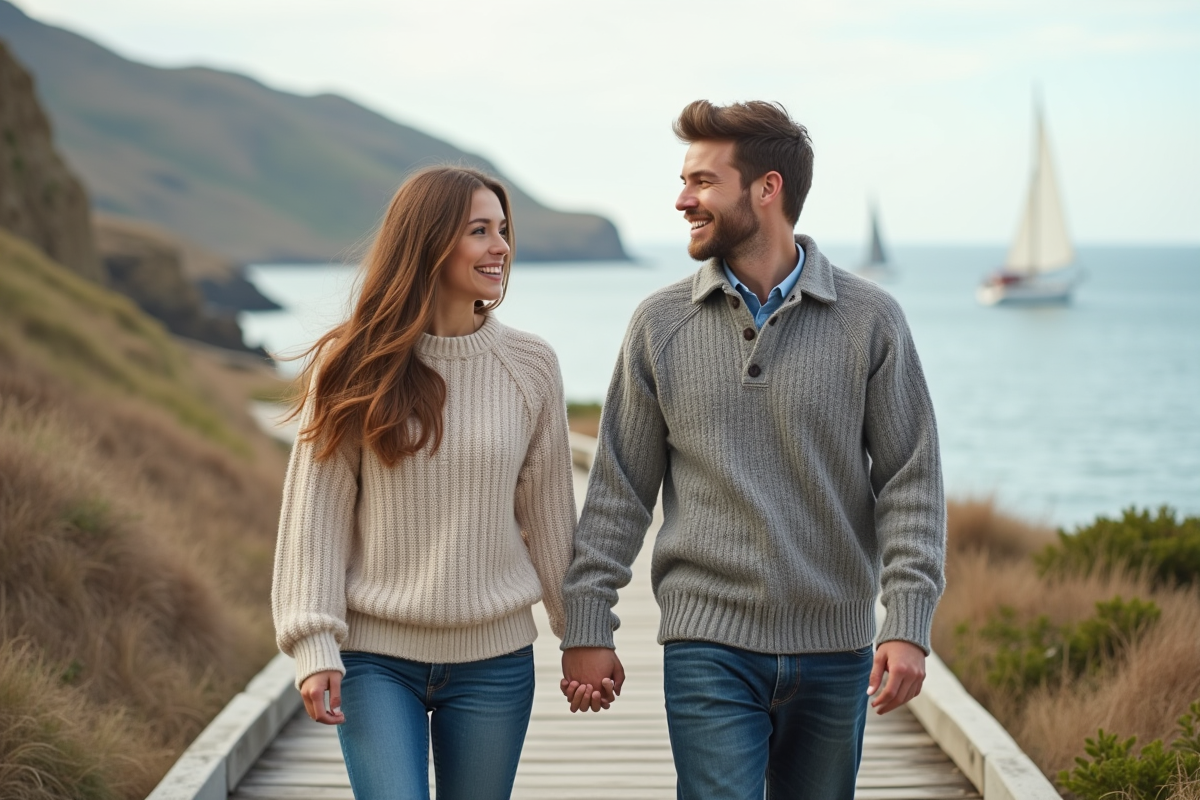 Jeune couple marchant main dans la main sur un sentier côtier